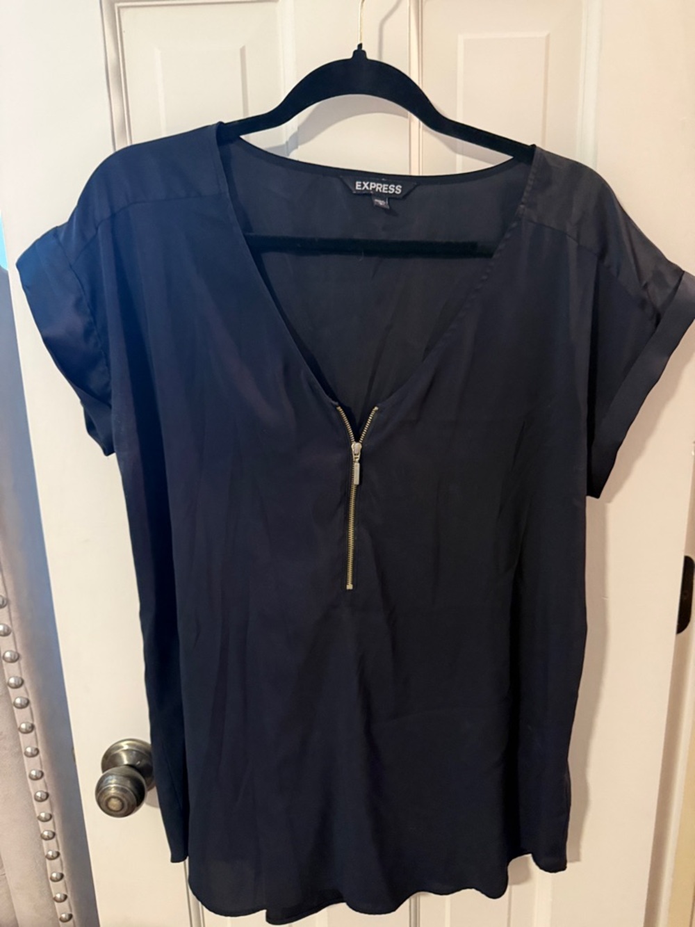 Express V-Neck Short Sleeve Blouse with Front Zip
